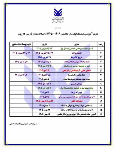تقویم آموزشی نیمسال اول سال تحصیلی ۱۴۰۶-۱۴۰۵ دانشگاه سلمان فارسی کازرون