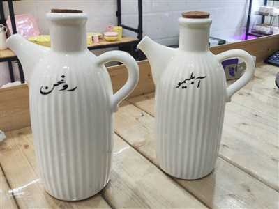 ظرف چینی مخصوص روغن و آب لیمو با درب چوب پنبه ای